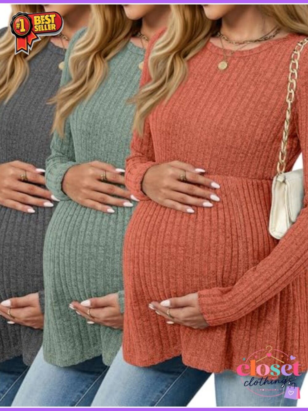 3 Pack Maternity Sweaters Long Sleeve Ribbed Knit Tunic Tops